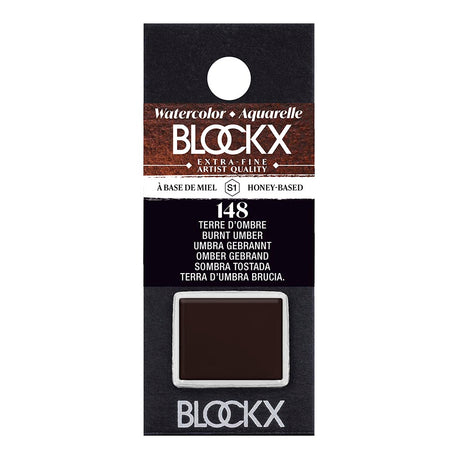 BLOCKX Watercolour Half Pan S1 148 Burnt Umber, rich color, handmade in Belgium, light-resistant, ideal for artists.