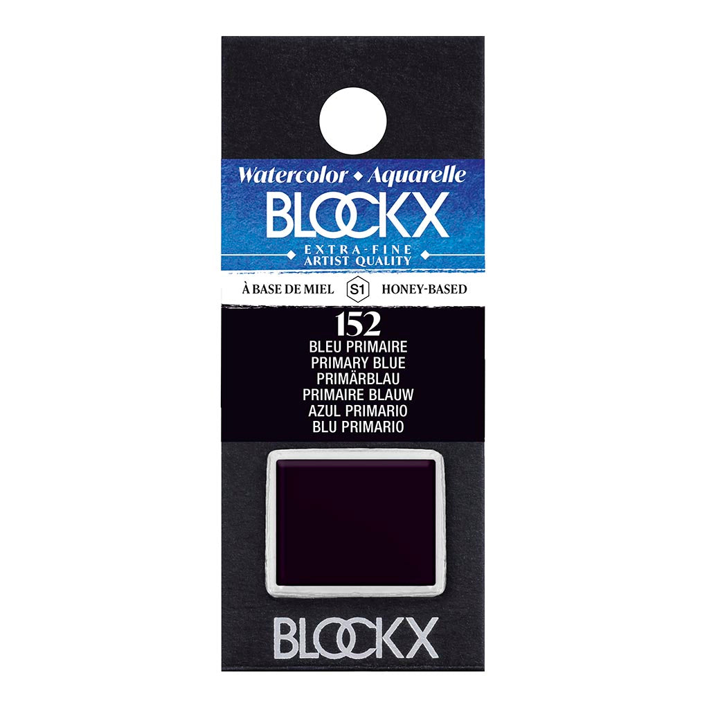 BLOCKX Watercolour Half Pan S1 152 Primary Blue, vibrant and transparent pigment for artists, crafted in Belgium.