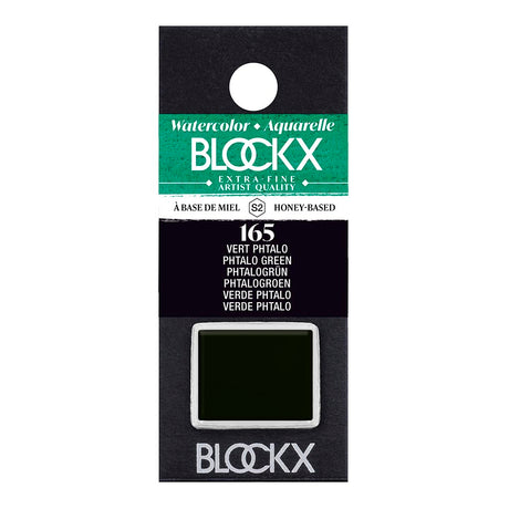 BLOCKX Watercolour Half Pan S2 165 Phtalo Green, a vibrant, light-resistant pigment perfect for layering and blending in artwork.