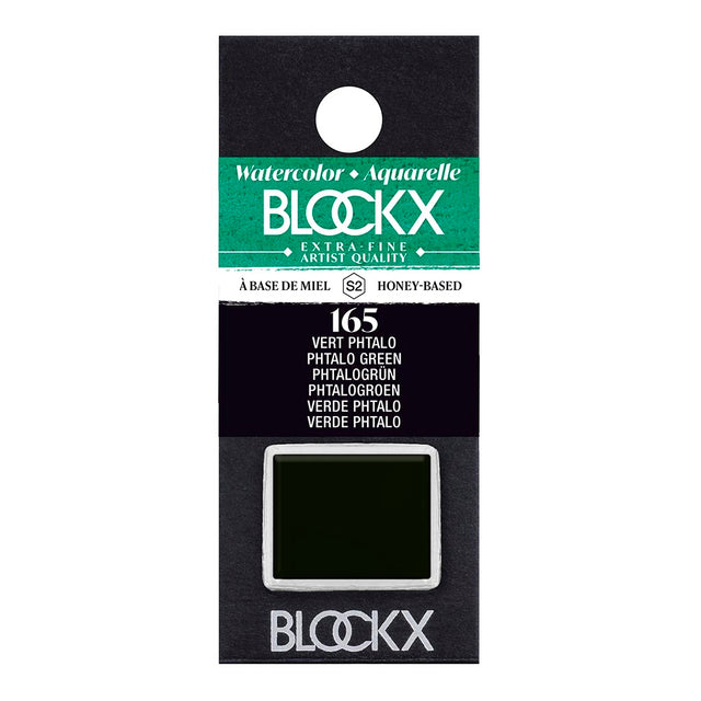 BLOCKX Watercolour Half Pan S2 165 Phtalo Green, a vibrant, light-resistant pigment perfect for layering and blending in artwork.