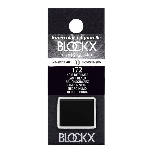 BLOCKX Watercolour Half Pan S1 172 Lamp Black featuring rich, lightfast black pigment for professional watercolor artistry.