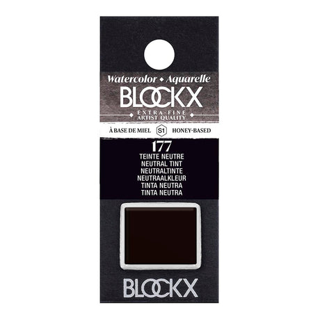 BLOCKX Watercolour Half Pan S1 177 Neutral Tint in rich colors, ideal for versatile painting and mixing, hand-crafted in Belgium.