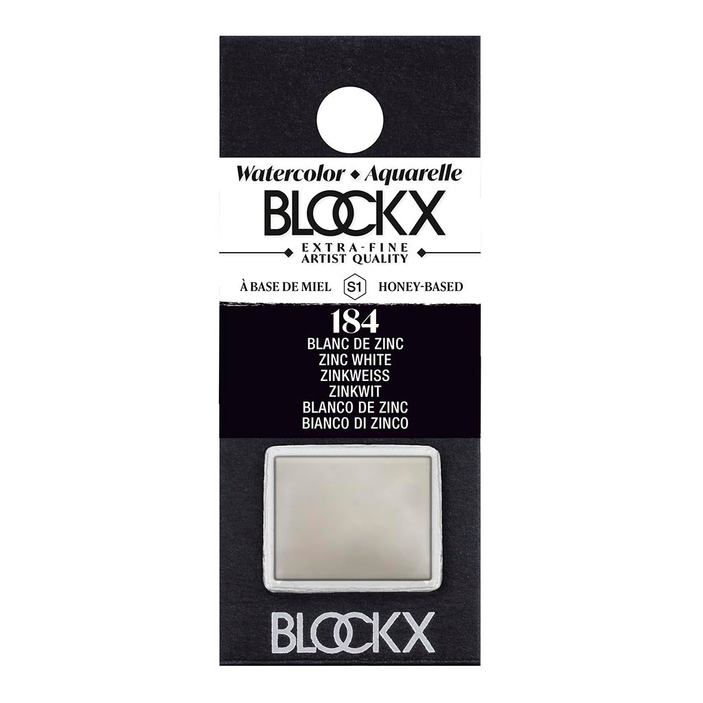 BLOCKX Watercolour Half Pan S1 184 Zinc White, featuring light-resistant pigments for vibrant, luminous artwork.