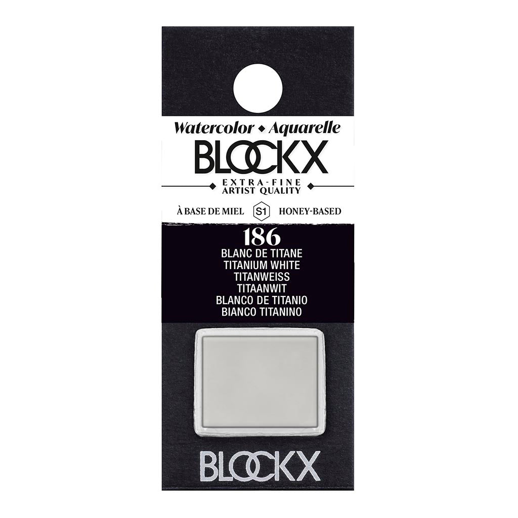 BLOCKX Watercolour Half Pan S1 186 Titanium White, semi-opaque watercolour made with rare pigments for vibrant highlights.
