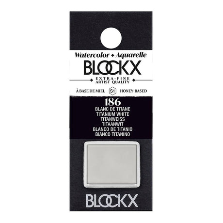 BLOCKX Watercolour Half Pan S1 186 Titanium White, semi-opaque watercolour made with rare pigments for vibrant highlights.