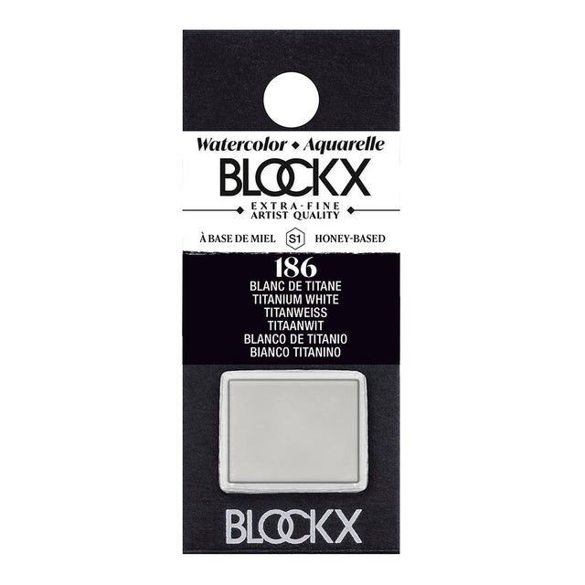 BLOCKX Watercolour Half Pan S1 186 Titanium White, semi-opaque watercolour made with rare pigments for vibrant highlights.