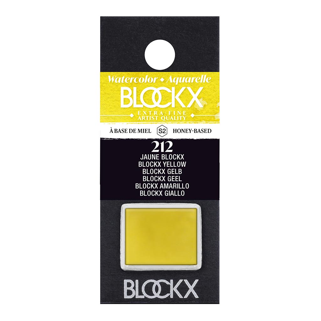 BLOCKX Watercolour Half Pan S2 212 in vibrant yellow, featuring lightfast, semi-transparent pigments for stunning art effects.