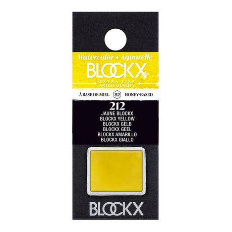 BLOCKX Watercolour Half Pan S2 212 in vibrant yellow, featuring lightfast, semi-transparent pigments for stunning art effects.