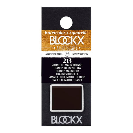 BLOCKX Watercolour Half Pan S2 213 in Transparent Mars Yellow offers a rich, warm hue for vibrant watercolor art.