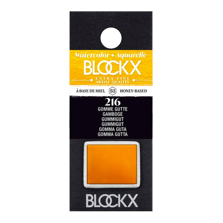 BLOCKX Watercolour Half Pan S3 216 Gamboge features vibrant gamboge hue, handcrafted in Belgium with lightfast pigments.