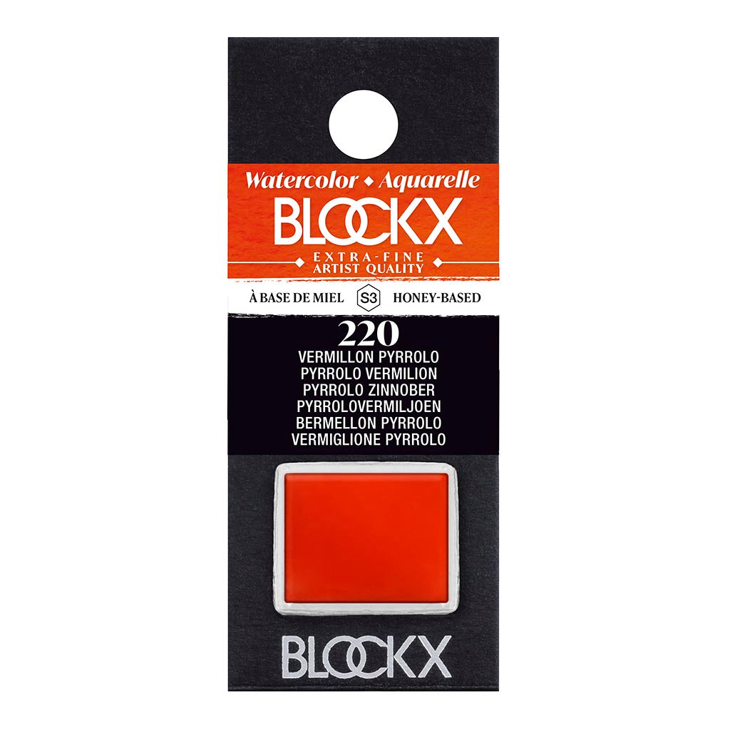 Vibrant BLOCKX Watercolour Half Pan S3 220 Pyrrolo Vermilion, featuring lightfast semi-opaque pigments for stunning art.