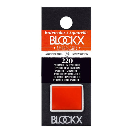 Vibrant BLOCKX Watercolour Half Pan S3 220 Pyrrolo Vermilion, featuring lightfast semi-opaque pigments for stunning art.