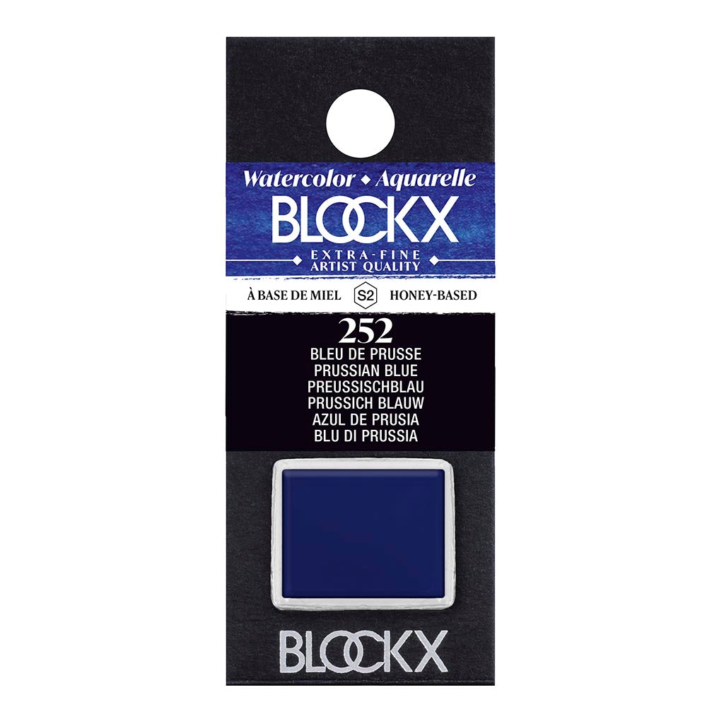 BLOCKX Watercolour Half Pan S2 252 Prussian Blue, a vibrant and light-resistant semi-transparent paint for artists.