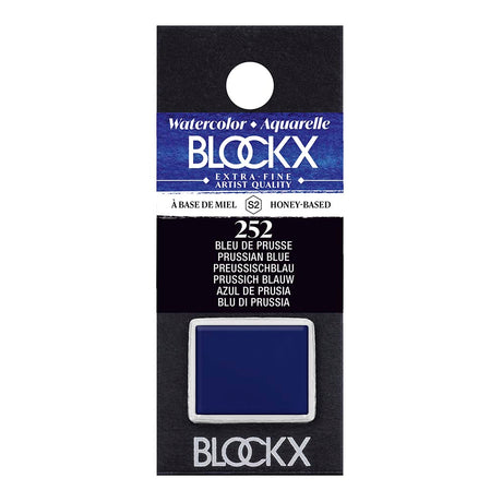 BLOCKX Watercolour Half Pan S2 252 Prussian Blue, a vibrant and light-resistant semi-transparent paint for artists.