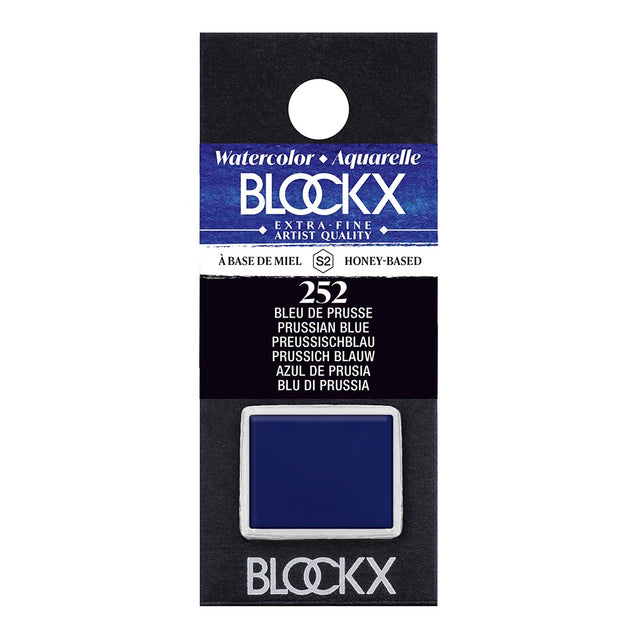 BLOCKX Watercolour Half Pan S2 252 Prussian Blue, a vibrant and light-resistant semi-transparent paint for artists.