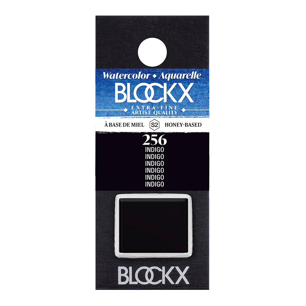 BLOCKX Watercolour Half Pan S2 256 Indigo, a semi-transparent pigment with rich, light-resistant blue hue for vibrant artwork.