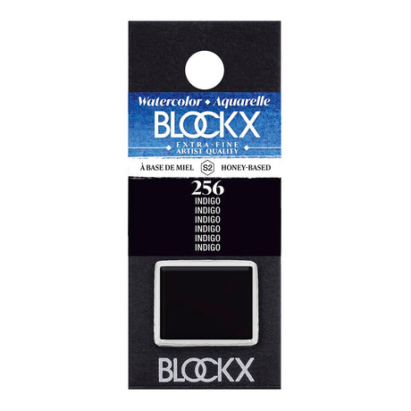 BLOCKX Watercolour Half Pan S2 256 Indigo, a semi-transparent pigment with rich, light-resistant blue hue for vibrant artwork.