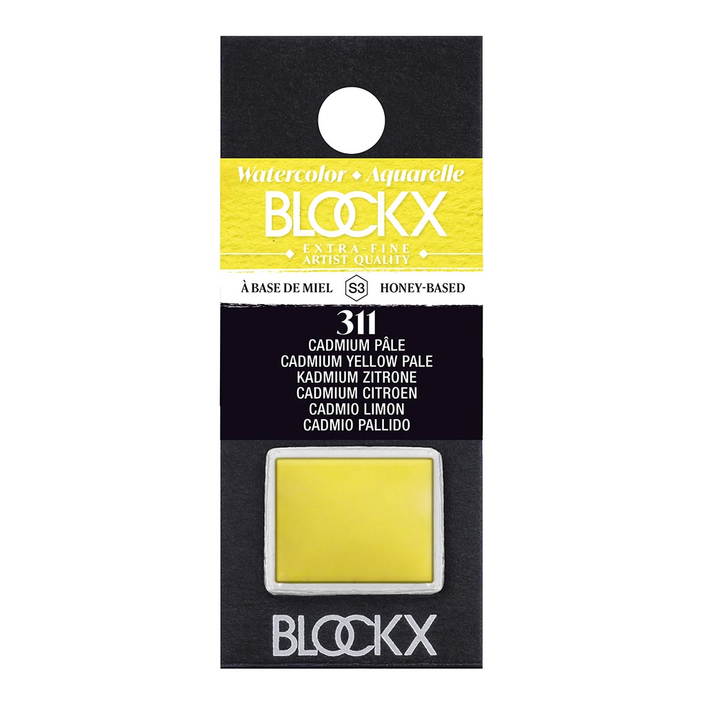 Vibrant BLOCKX Watercolour Half Pan S3 311 Pale Cadmium Yellow, crafted with light-resistant pigments for rich and luminous color.