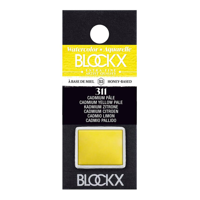 Vibrant BLOCKX Watercolour Half Pan S3 311 Pale Cadmium Yellow, crafted with light-resistant pigments for rich and luminous color.