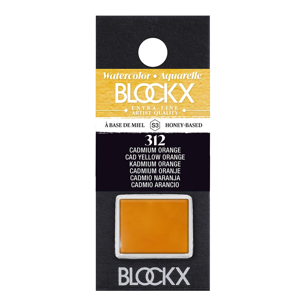 Vibrant BLOCKX Cadmium Yellow Orange half pan, handcrafted with lightfast pigments for stunning watercolor effects.