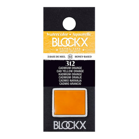Vibrant BLOCKX Cadmium Yellow Orange half pan, handcrafted with lightfast pigments for stunning watercolor effects.