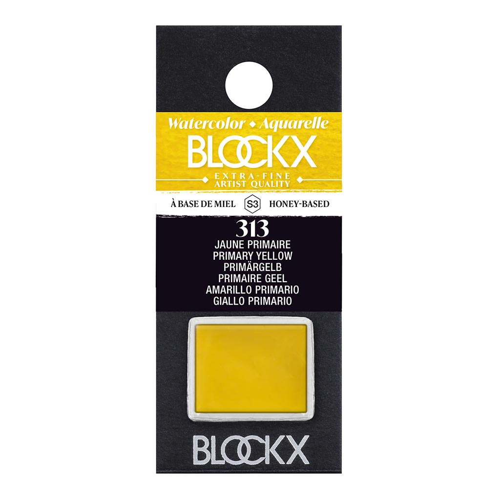 Vibrant BLOCKX Watercolour Half Pan S3 313 Primary Yellow, crafted with light-resistant pigments for superior brilliance.