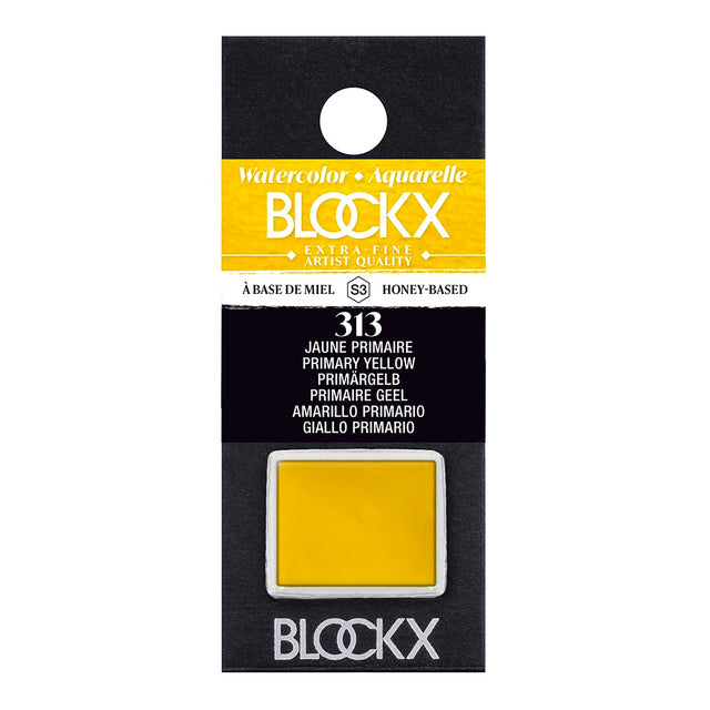 Vibrant BLOCKX Watercolour Half Pan S3 313 Primary Yellow, crafted with light-resistant pigments for superior brilliance.