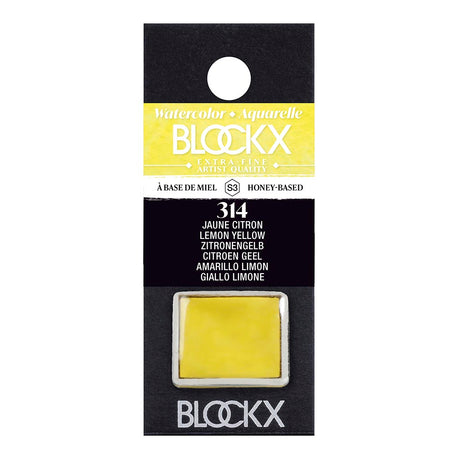 BLOCKX Watercolour Half Pan in vibrant Lemon Yellow (314), crafted with lightfast pigments for exceptional clarity and luminosity.