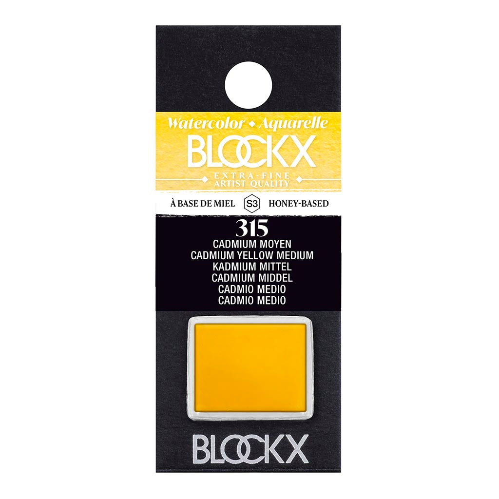 BLOCKX Watercolour Half Pan S3 315 Medium Cadmium Yellow, vibrant and opaque, handmade in Belgium for artists.