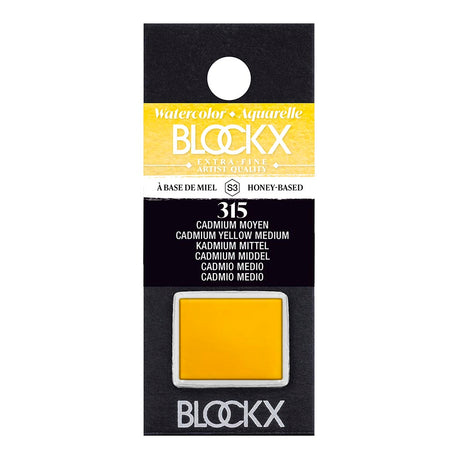 BLOCKX Watercolour Half Pan S3 315 Medium Cadmium Yellow, vibrant and opaque, handmade in Belgium for artists.