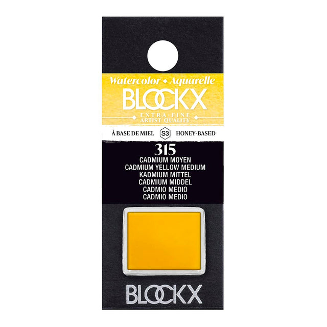 BLOCKX Watercolour Half Pan S3 315 Medium Cadmium Yellow, vibrant and opaque, handmade in Belgium for artists.