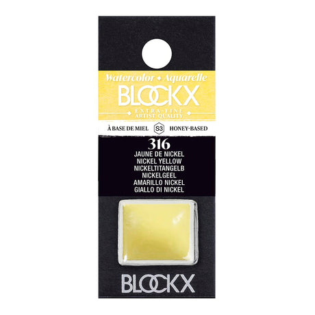 BLOCKX Watercolour Half Pan S3 316 Nickel Yellow, a vibrant semi-opaque pigment for artistic expression.