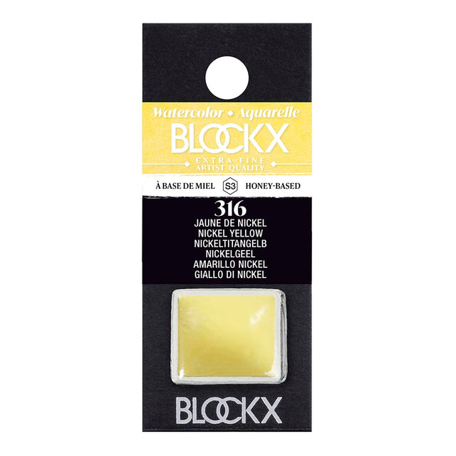 BLOCKX Watercolour Half Pan S3 316 Nickel Yellow, a vibrant semi-opaque pigment for artistic expression.