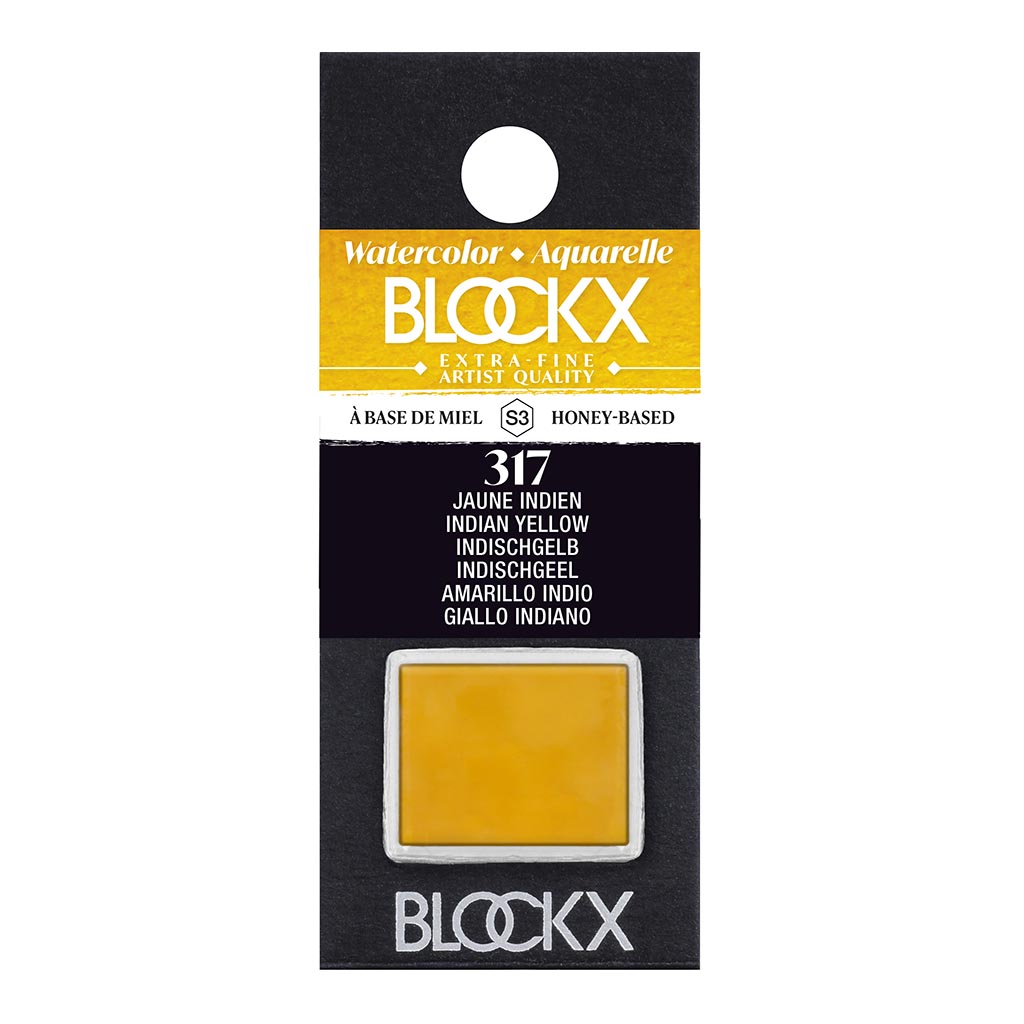 Half pan of BLOCKX Watercolour S3 317 Indian Yellow, showcasing vibrant, light-resistant pigments for artists.