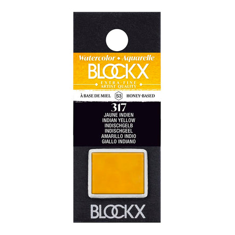 Half pan of BLOCKX Watercolour S3 317 Indian Yellow, showcasing vibrant, light-resistant pigments for artists.
