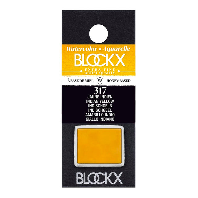 Half pan of BLOCKX Watercolour S3 317 Indian Yellow, showcasing vibrant, light-resistant pigments for artists.
