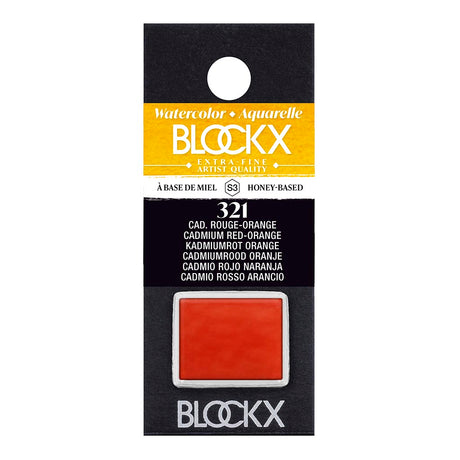 Vibrant BLOCKX Watercolour Half Pan in Cadmium Red Orange, ideal for artists seeking luminosity and brilliance. Handmade in Belgium.
