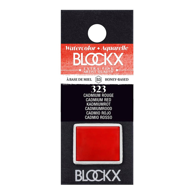 Bright and opaque BLOCKX Watercolour Half Pan S3 323 in Cadmium Red, ideal for vibrancy and lightfastness in art.