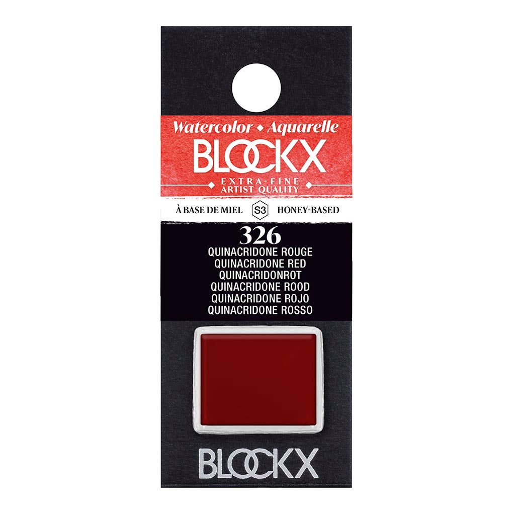 BLOCKX Watercolour Half Pan in S3 326 Quinacridone Red, vibrant and transparent, perfect for rich watercolor paintings.