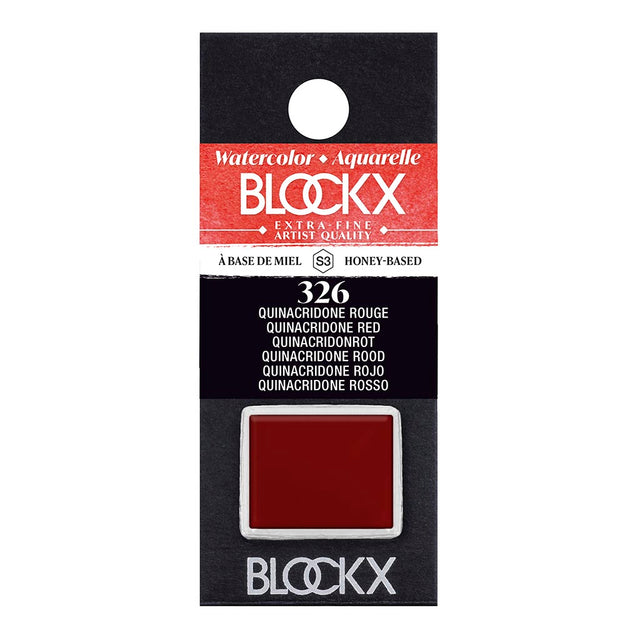 BLOCKX Watercolour Half Pan in S3 326 Quinacridone Red, vibrant and transparent, perfect for rich watercolor paintings.
