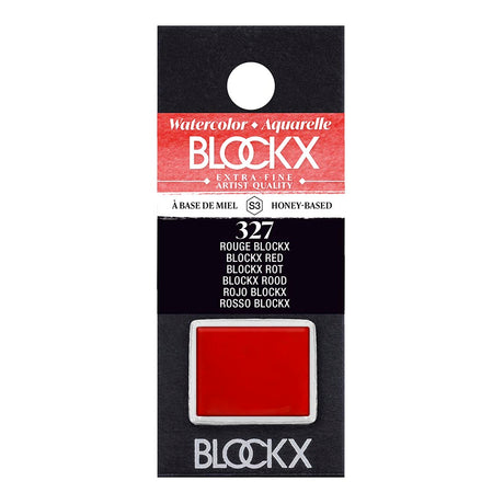 Half pan of BLOCKX Watercolour 327 Blockx Red, featuring light-resistant PR254 pigment for intense, semi-transparent colour.