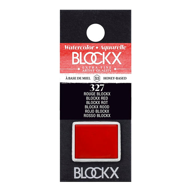 Half pan of BLOCKX Watercolour 327 Blockx Red, featuring light-resistant PR254 pigment for intense, semi-transparent colour.