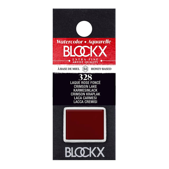 BLOCKX S3 328 Crimson Lake watercolour half pan, featuring light-resistant pigments for vibrant and luminous art.