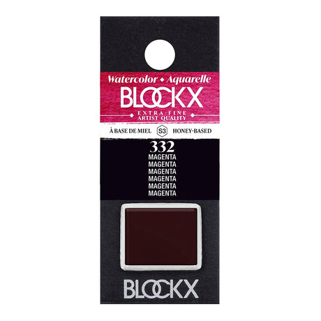 BLOCKX Watercolour Half Pan S3 332 Magenta featuring vibrant, light-resistant PV19 pigment for brilliant watercolor effects.