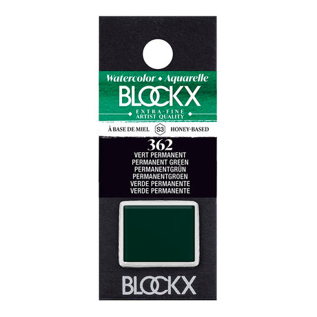 BLOCKX Watercolour Half Pan S3 362 Permanent Green, a vibrant, lightfast green, ideal for enhancing your artistic creations.