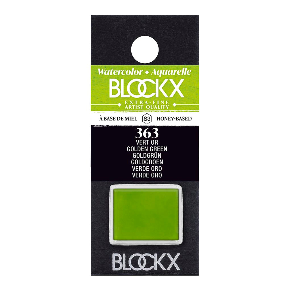 BLOCKX Watercolour Half Pan S3 363 Golden Green, vibrant and transparent pigments for stunning watercolor effects.