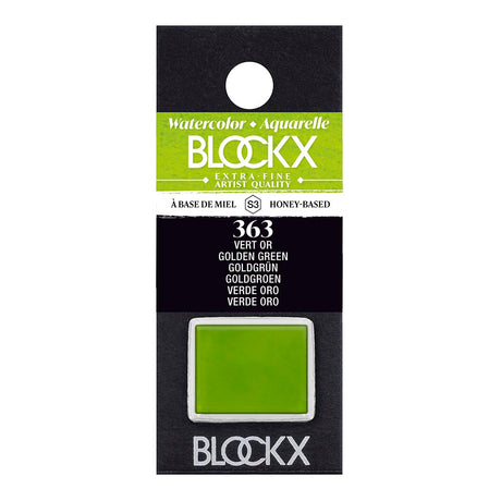 BLOCKX Watercolour Half Pan S3 363 Golden Green, vibrant and transparent pigments for stunning watercolor effects.