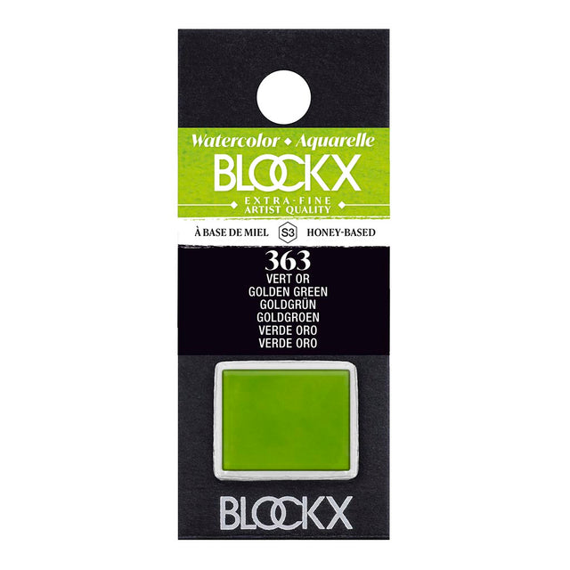 BLOCKX Watercolour Half Pan S3 363 Golden Green, vibrant and transparent pigments for stunning watercolor effects.