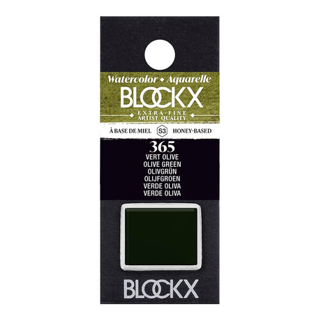 BLOCKX Watercolour Half Pan S3 365 Olive Green, vibrant and light-resistant, perfect for rich blending and layering in art.