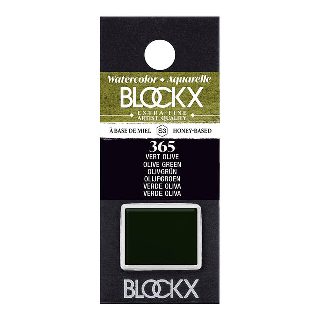 BLOCKX Watercolour Half Pan S3 365 Olive Green, vibrant and light-resistant, perfect for rich blending and layering in art.